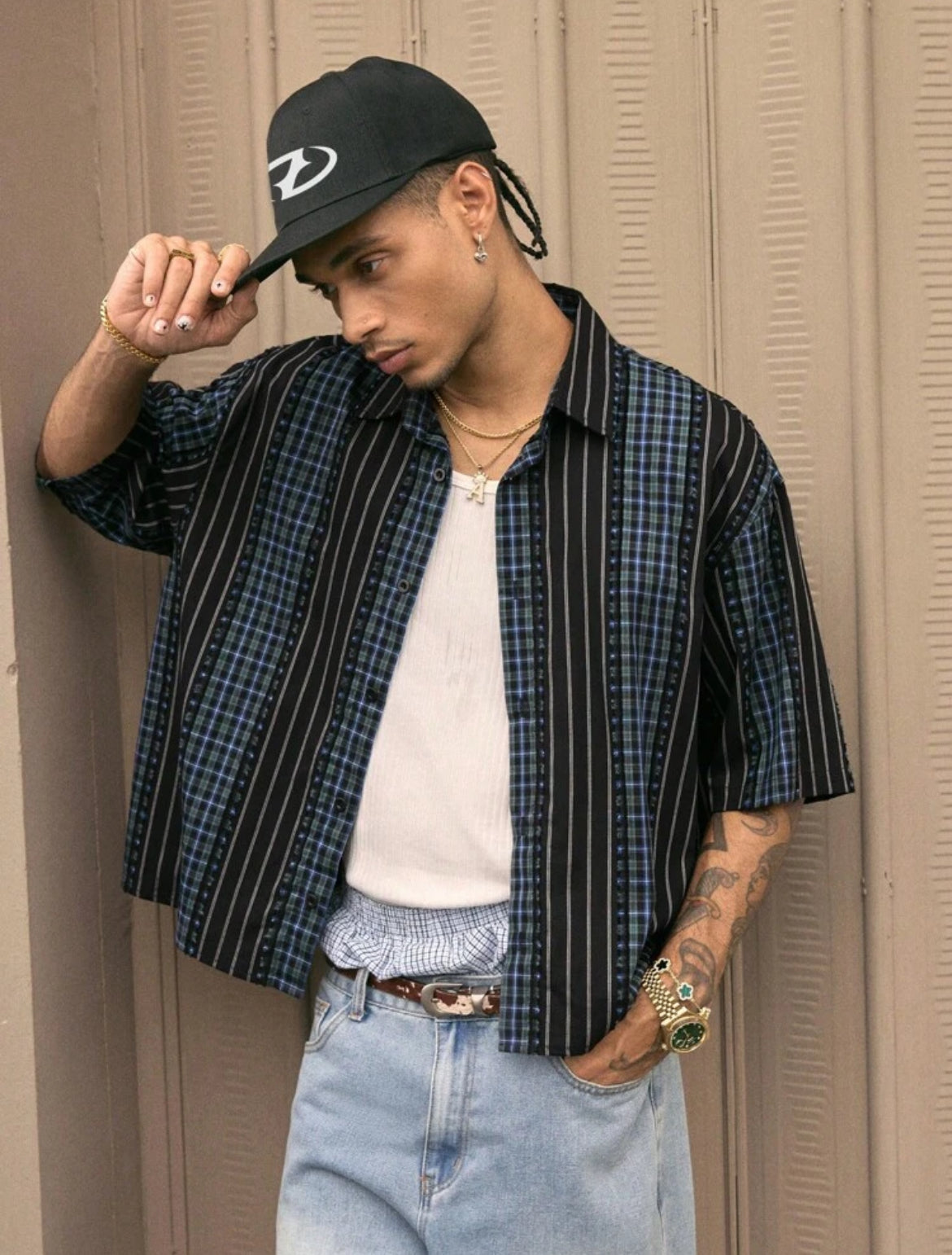 AXEPEAK Men’s Summer Plaid Crop Shirt