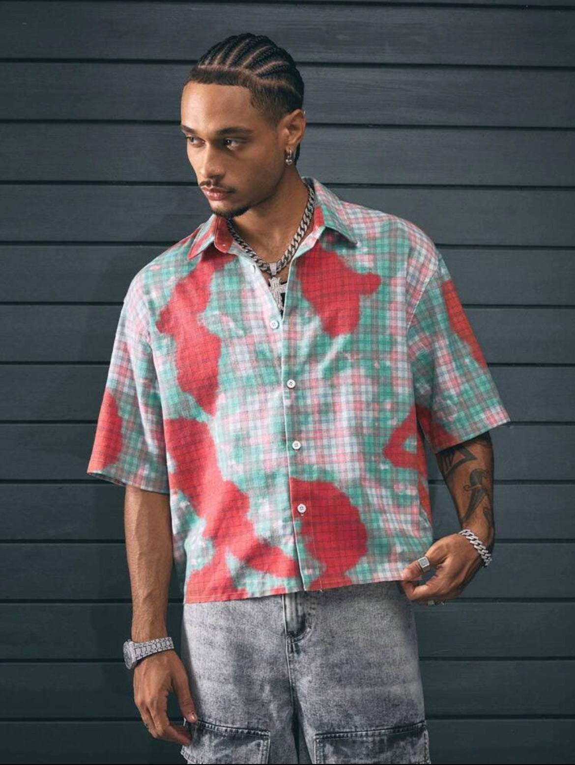 AXEPEAK Men’s Loose Fit Plaid Cropped Shirt