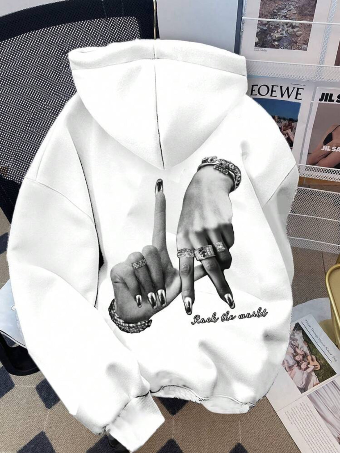 Teen Girls’ Black & White Printed Loose Fit Hoodie – Autumn/Winter