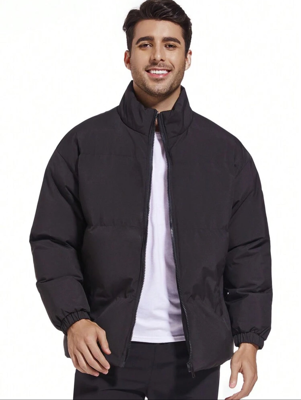Men’s Solid Color Stand Collar Padded Coat – Black