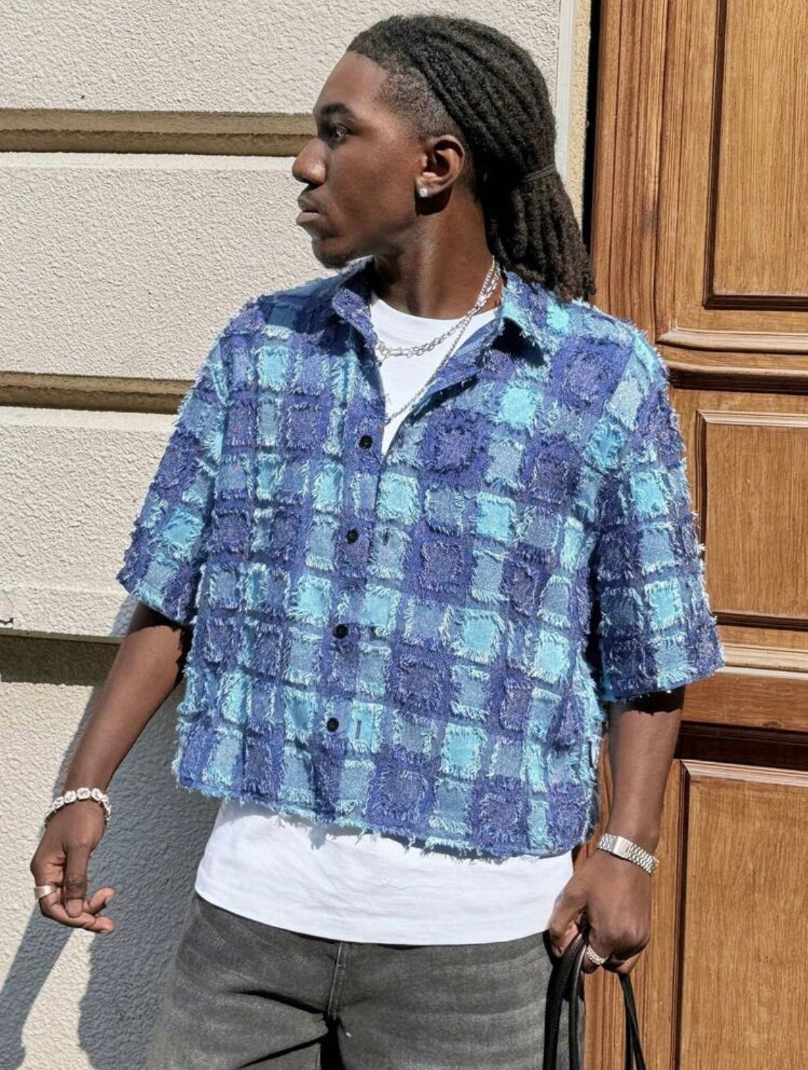 AXEPEAK Men’s Loose Fit Plaid Cropped Shirt