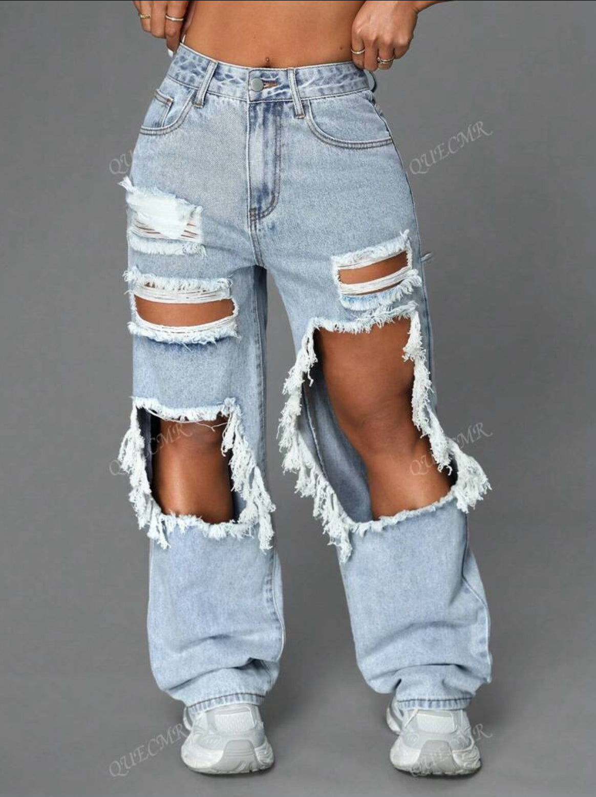 Street High Waist Slant Pocket Ripped
Straight Leg Jeans
