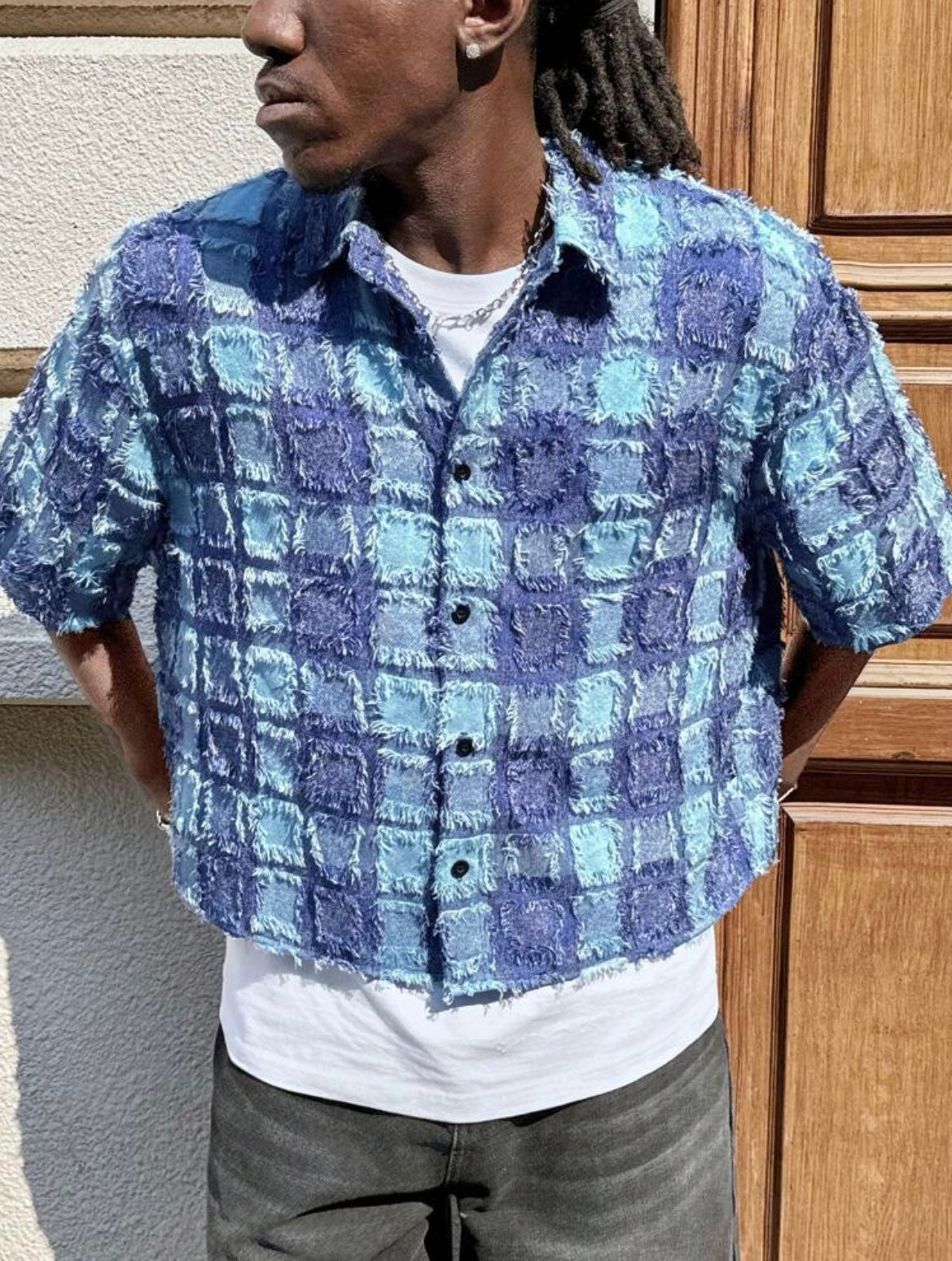 AXEPEAK Men’s Loose Fit Plaid Cropped Shirt