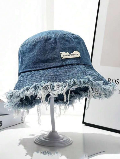 1pc Ladies' Fringed Denim Bucket Hat