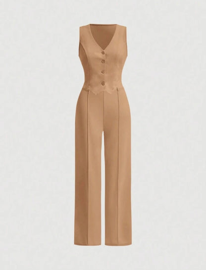 MOD Ladies' Single-Breasted Vest And Trousers Set Khaki Col