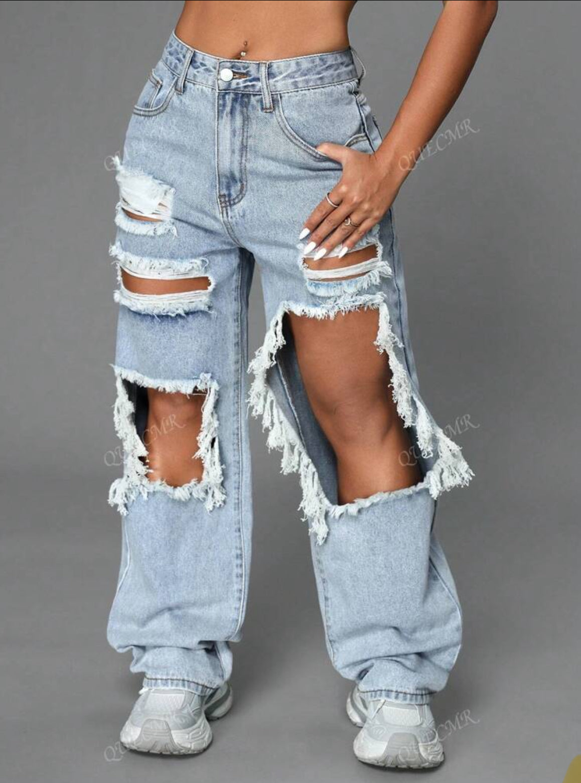 Street High Waist Slant Pocket Ripped
Straight Leg Jeans