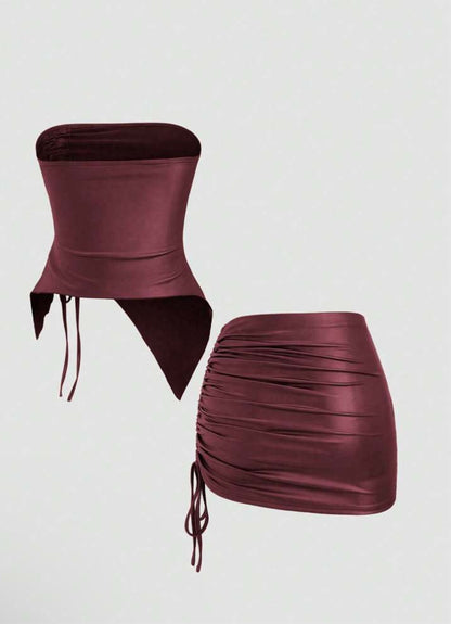 Top & Drawstring Mini Skirt Set Outfit