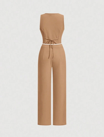 MOD Ladies' Single-Breasted Vest And Trousers Set Khaki Col
