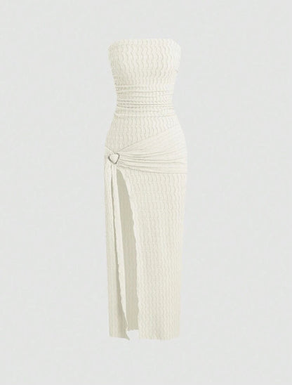 Strapless Side Slit Maxi Knit Jacquard Dress, Elegant