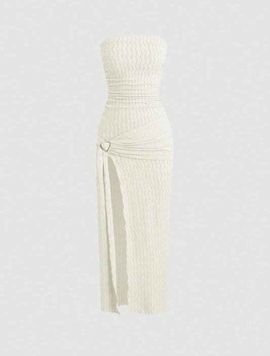 Strapless Side Slit Maxi Knit Jacquard Dress, Elegant