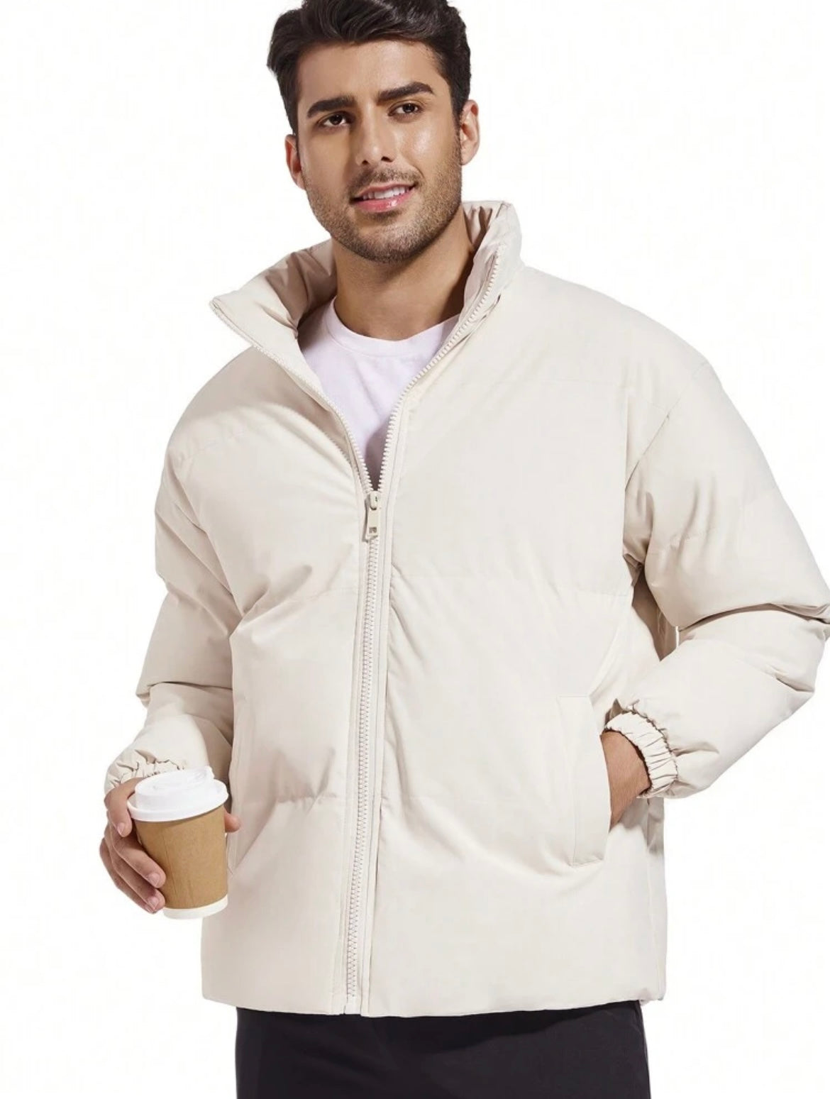Men’s Solid Color Stand Collar Padded Coat – Black