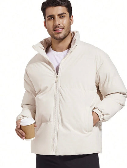 Men’s Solid Color Stand Collar Padded Coat – Black