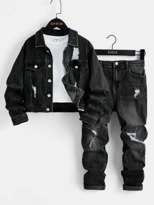 Tween Boys’ 2-Piece Distressed Denim Set with Unique Texture
