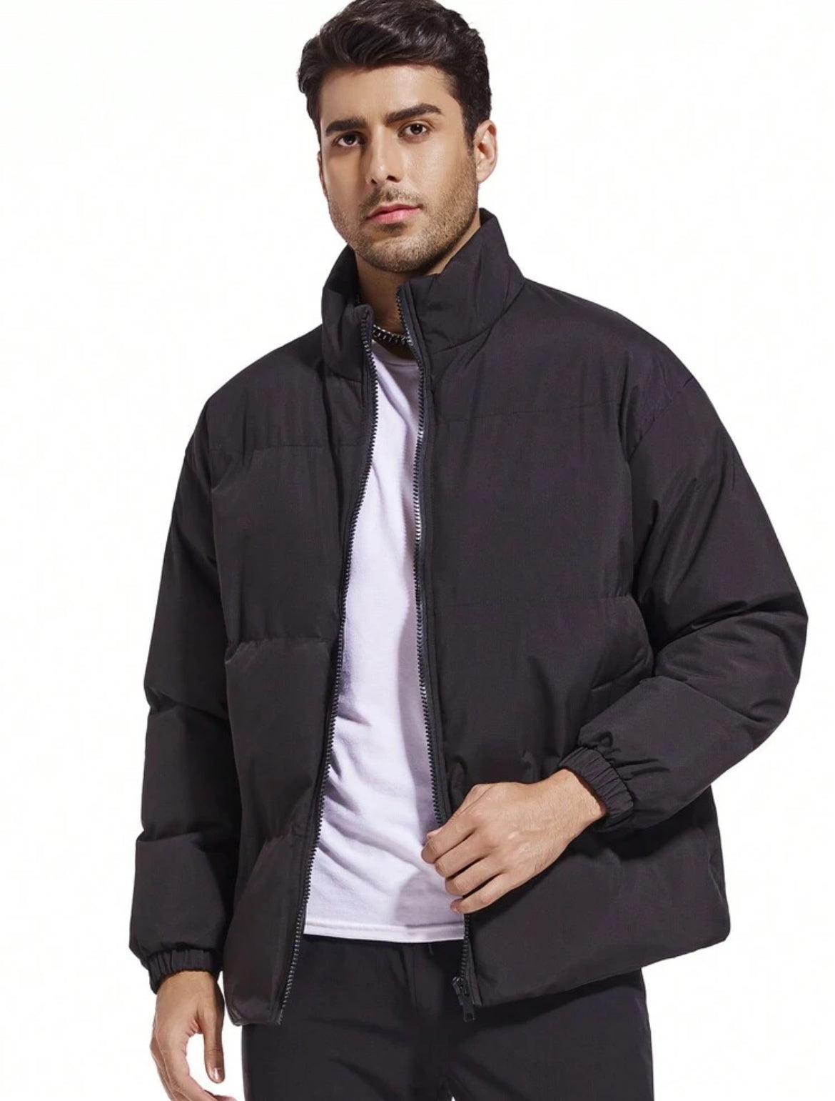 Men’s Solid Color Stand Collar Padded Coat – Black
