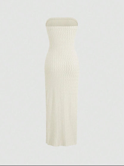 Strapless Side Slit Maxi Knit Jacquard Dress, Elegant