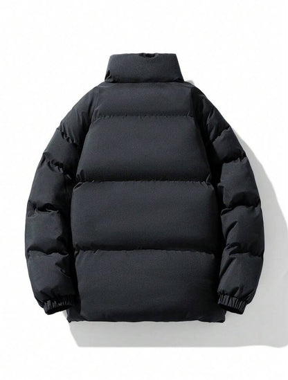 Men’s Solid Color Stand Collar Padded Coat – Black