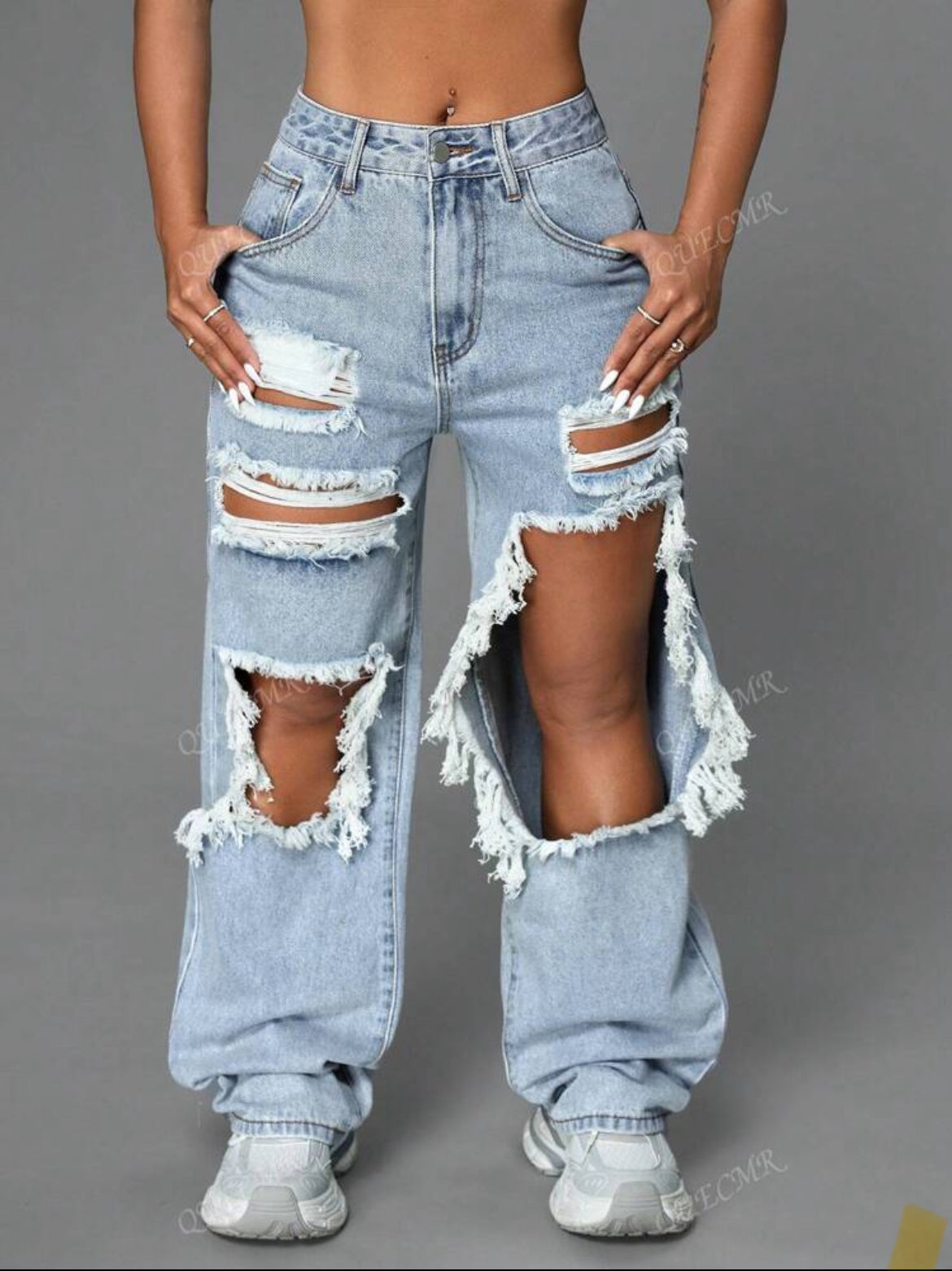 Street High Waist Slant Pocket Ripped
Straight Leg Jeans