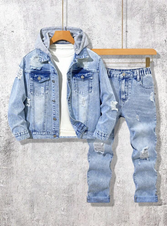 Tween Boys’ Oversized Ripped Washed Denim Set – Light Blue