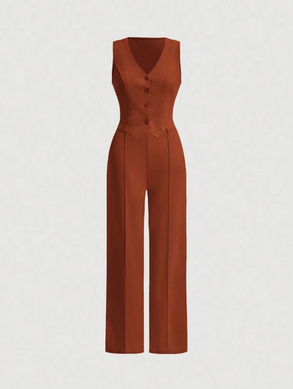 MOD Ladies' Single-Breasted Vest And Trousers Set Khaki Col