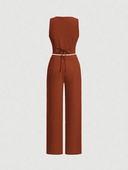 MOD Ladies' Single-Breasted Vest And Trousers Set Khaki Col