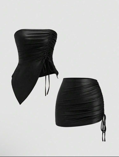 Top & Drawstring Mini Skirt Set Outfit