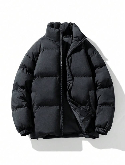 Men’s Solid Color Stand Collar Padded Coat – Black