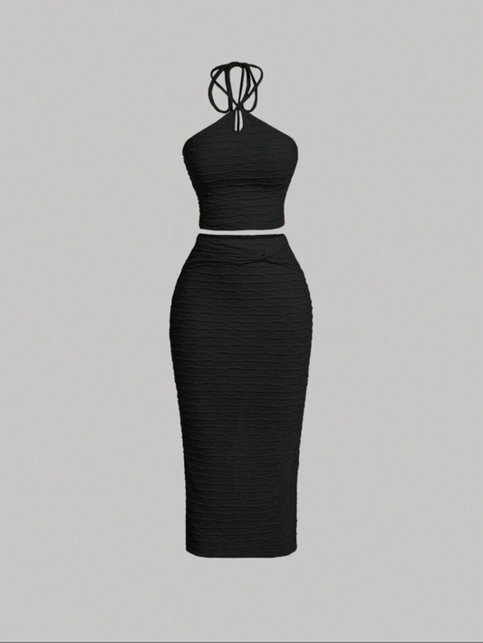 Jacquard Top And Skirt Black Set