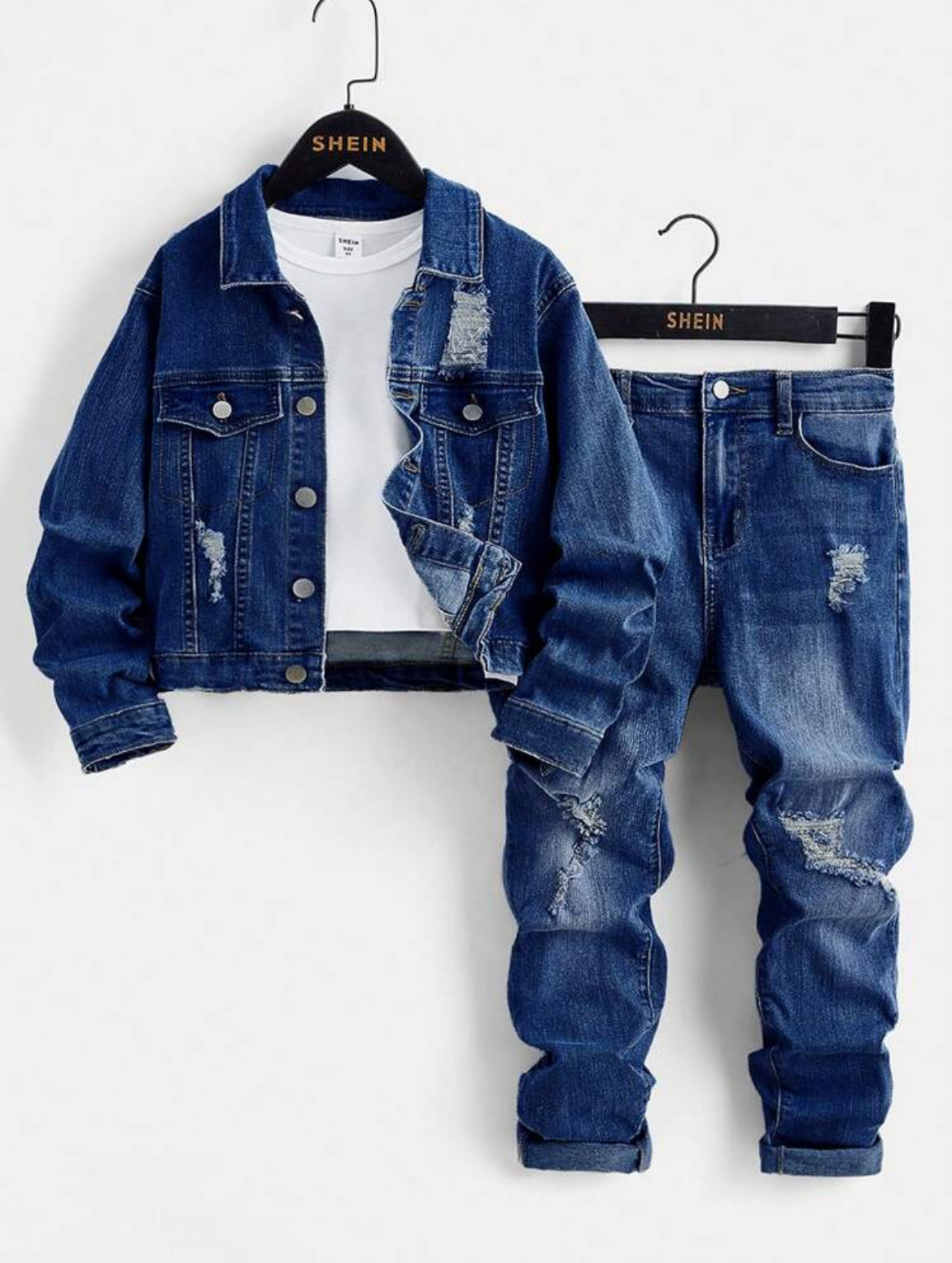 Tween Boys’ 2-Piece Distressed Denim Set with Unique Texture