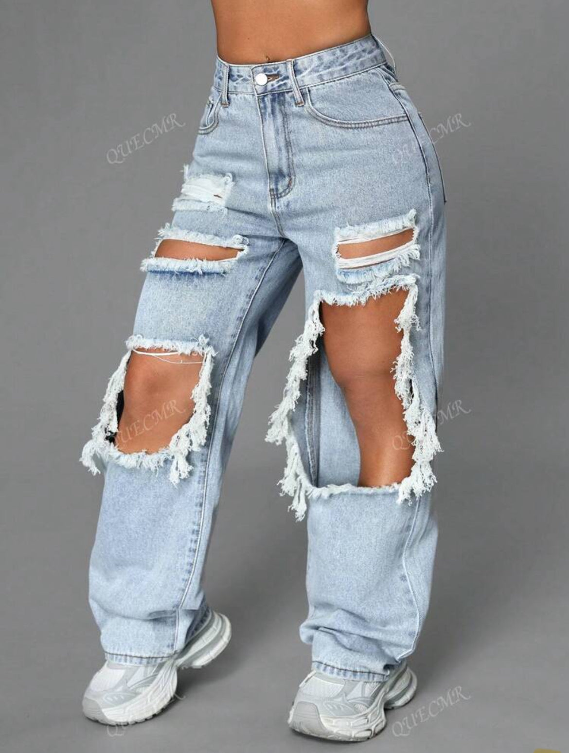 Street High Waist Slant Pocket Ripped
Straight Leg Jeans