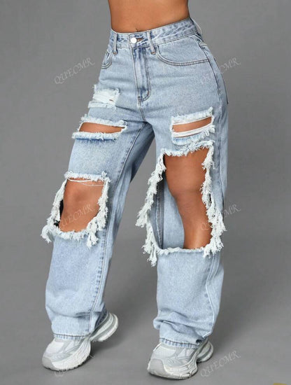 Street High Waist Slant Pocket Ripped
Straight Leg Jeans