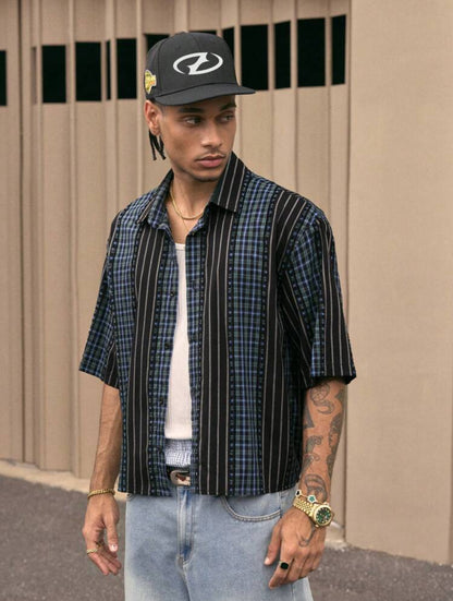 AXEPEAK Men’s Summer Plaid Crop Shirt