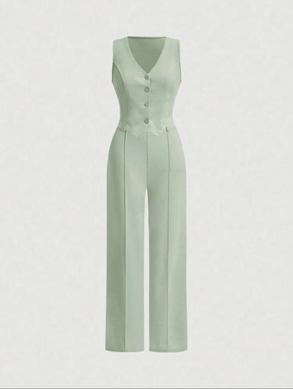 MOD Ladies' Single-Breasted Vest And Trousers Set Khaki Col