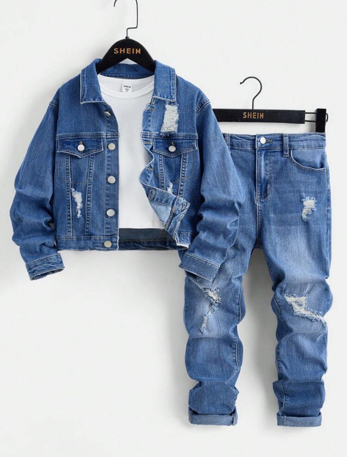 Tween Boys’ 2-Piece Distressed Denim Set with Unique Texture