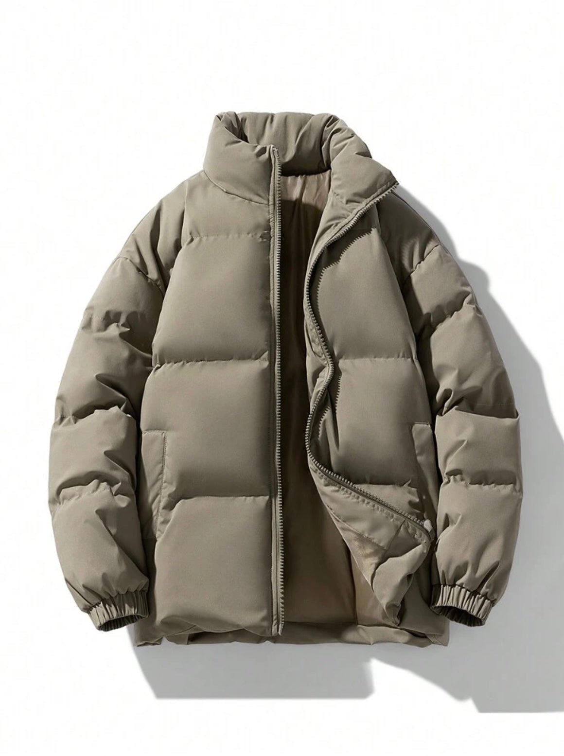 Men’s Solid Color Stand Collar Padded Coat – Black