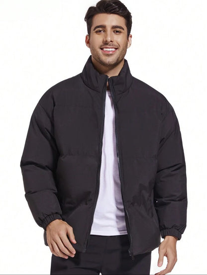 Men’s Solid Color Stand Collar Padded Coat – Black