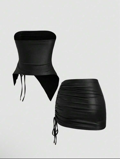 Top & Drawstring Mini Skirt Set Outfit